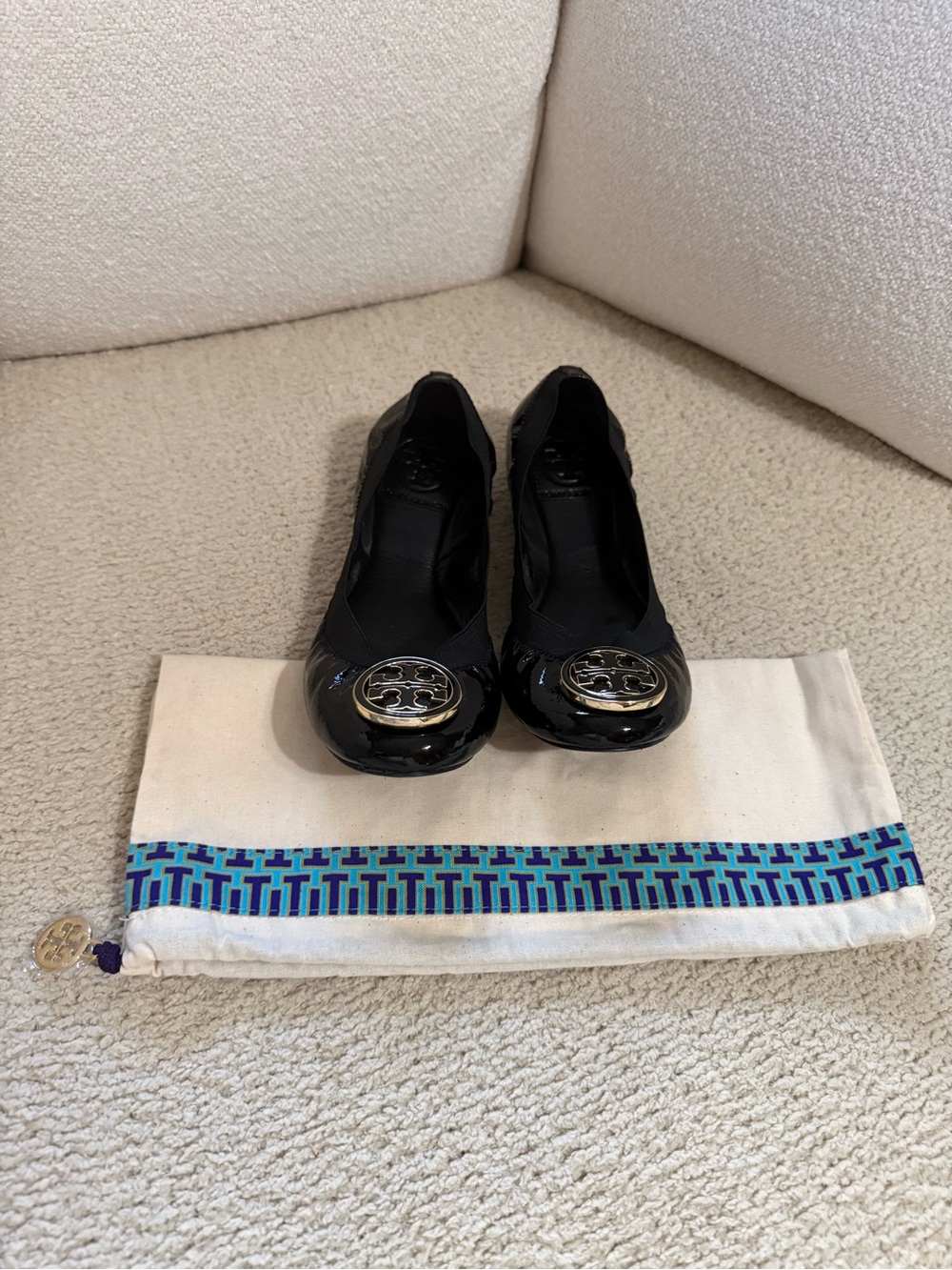 Tory Burch Black Patent Logo Round-Toe Flats